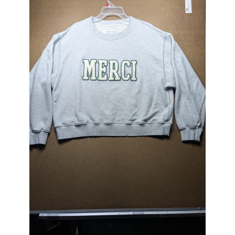 Aerie Merci Graphic Cropped Crewneck Sweatshirt Gray Chenille Lettering Large
